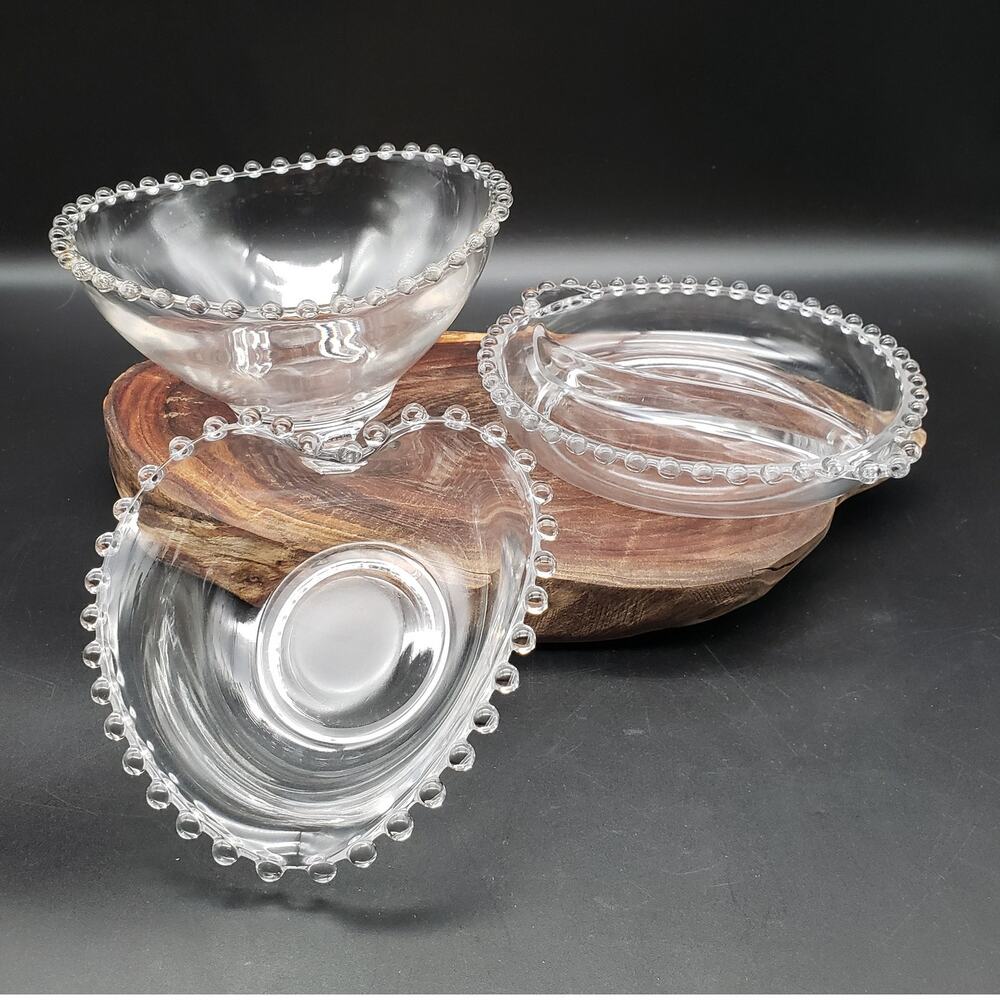 Imperial Glass Candlewick Set of 3 Divided Relish, Heart Dish & Footed Bowl VTG